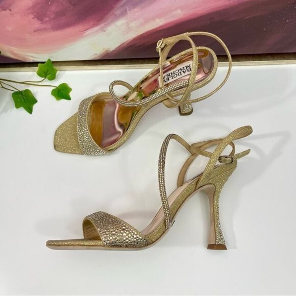 Badgley Mischka Brand Sally Curvy Heel Stiletto Sandal in Gold Size 9 - Picture 6 of 11